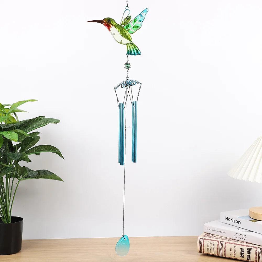 Hummingbird Wind Chimes - Metal & Glass Painted Garden Decor with Aluminum Pipes | 7.1"x13.8" | Wind Chime, Hummingbird Feeder Chime