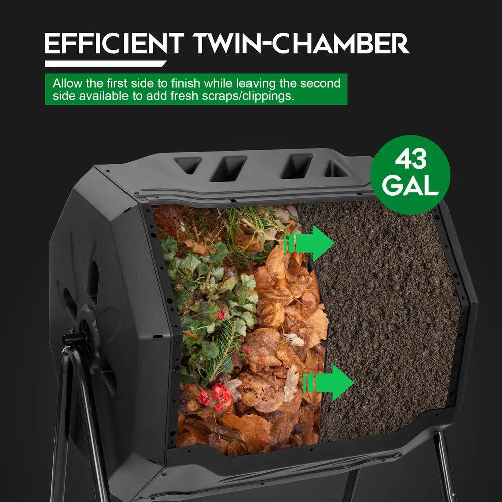 43 Gal Dual Chamber Outdoor Compost Tumbler Bin – Black, Rotating, Efficient for Quick Composting