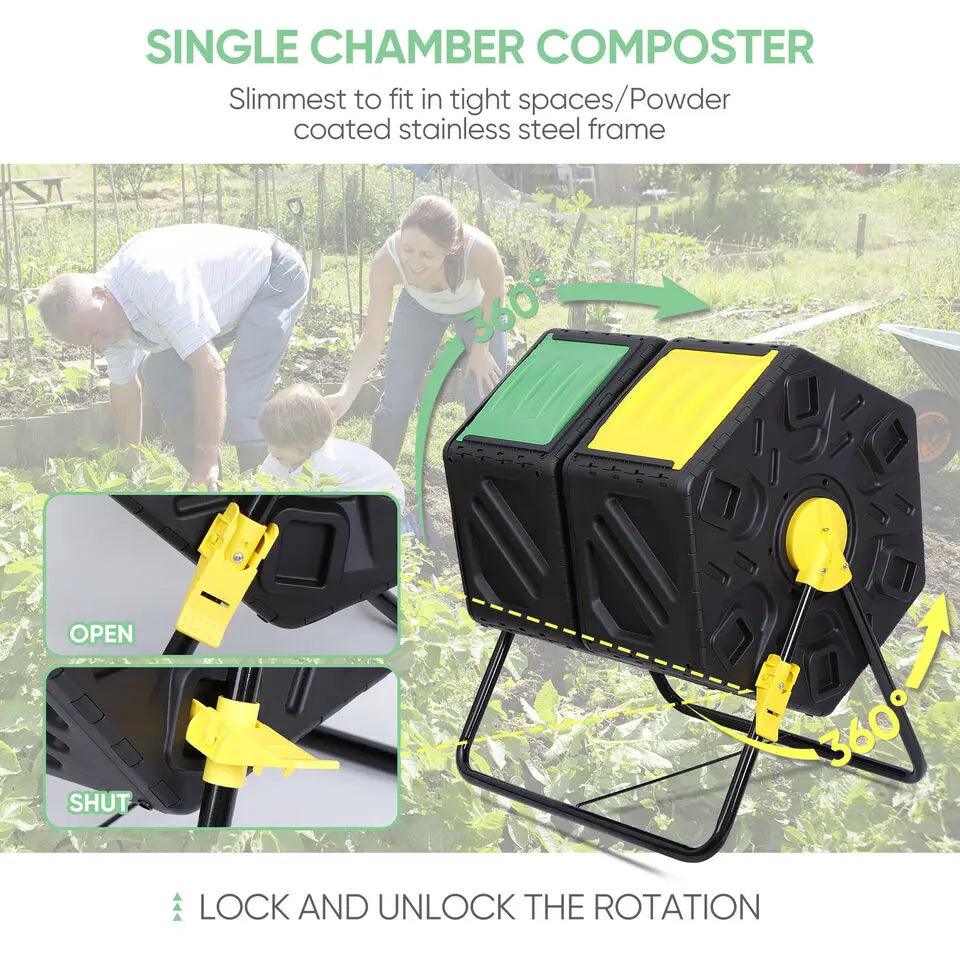 37 Gallon Compost Bin Tumbler 360° Dual Chamber - Best Rotating Compost Tumbler for Efficient Outdoor Composting - Large Capacity & Easy-to-Use