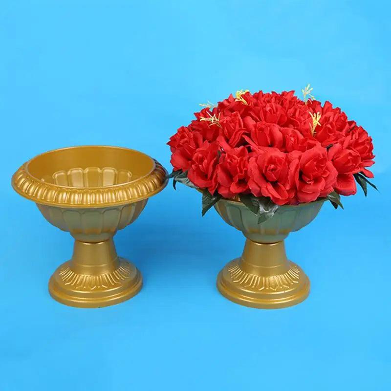 4Pcs Gold Plastic Urn Planters - Outdoor Flower Pot for Porch & Wedding Pedestal Decor, European Trumpet Garden Urn