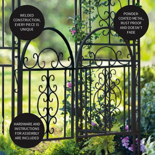 84-Inch Heighted Arched Metal Garden Trellis with Gate | Gunmetal Black | Outdoor Garden Archway for Climbing Plants