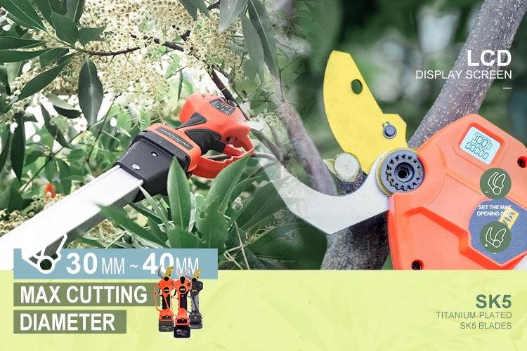 Cordless Pruning Shears, Pruner Lopper with 75-Inch Extension Pole, 21V Battery, Titanium SK5 Blades, Battery powered Electric Pruning Shears