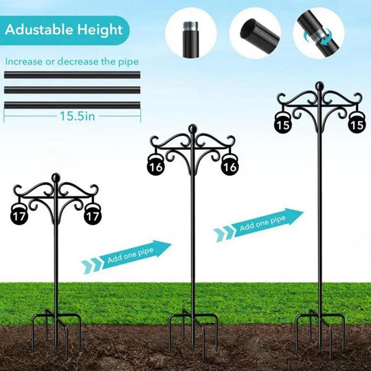 76 Inch Double Shepherd Hook for Bird Feeder, Heavy Duty Tall Shepherds Hook, Decorative Garden Stakes, 5 Prong Base Stand for Outdoor Yard