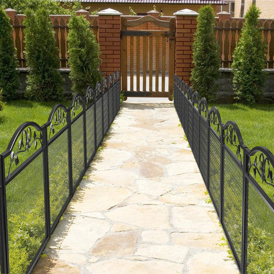 5 Panel Wrought Iron Metal Fence Panels Black Decorative Garden Entry Path Dog Barrier - Outdoor Iron Fence Panels