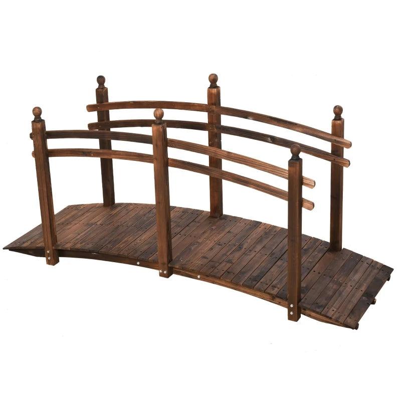 7.5' Wooden Japanese Garden Bridge, Fir Wood Arc Walkway with Side Railings, Perfect for Backyards, Gardens, & Streams