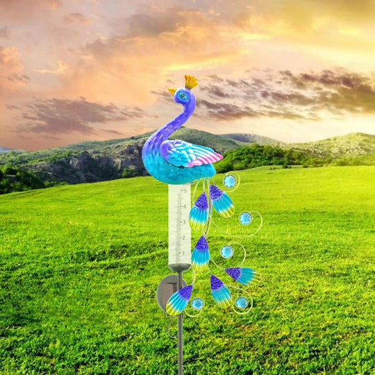 Large Decorative Rain Gauge with Solar Powered LED Light for Garden | Peacock Outdoor Rain Collector | Metal Garden Decor