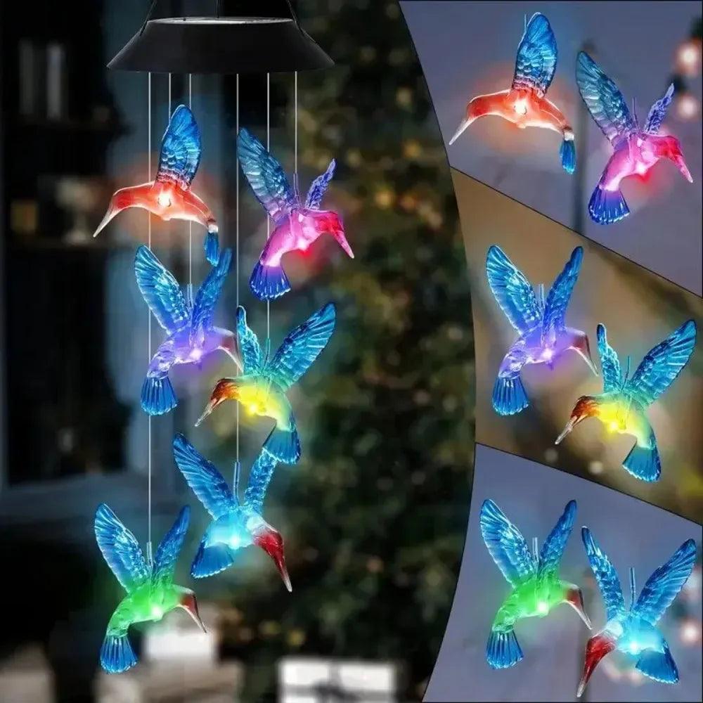 Solar Butterfly & Hummingbird Wind Chimes with LED Lights | Solar-Powered Outdoor Decoration | Garden, Patio, Courtyard Chimes with Changing Lights