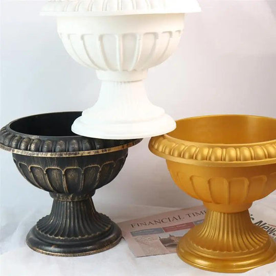 4Pcs Gold Plastic Urn Planters - Outdoor Flower Pot for Porch & Wedding Pedestal Decor, European Trumpet Garden Urn