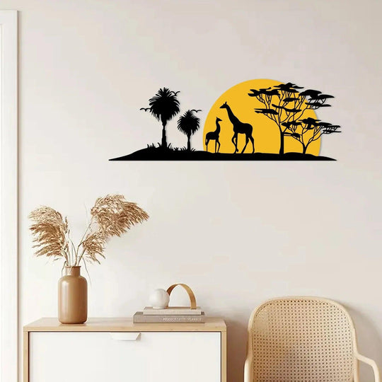 Outdoor Metal Wall Art: Giraffe Sunset and Tree Metal Silhouette - 3D Metal Wall Decor for Indoor & Outdoor Spaces