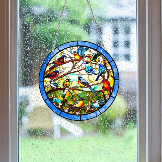 Stained Glass Suncatcher Panel - Acrylic Hanging Decor for Windows, Walls & Gardens - Vibrant Sun Catchers with Birds Design