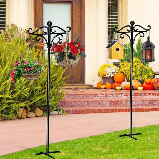 76 Inch Double Shepherd Hook for Bird Feeder, Heavy Duty Tall Shepherds Hook, Decorative Garden Stakes, 5 Prong Base Stand for Outdoor Yard