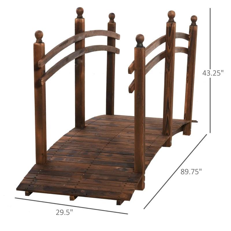 7.5' Wooden Japanese Garden Bridge, Fir Wood Arc Walkway with Side Railings, Perfect for Backyards, Gardens, & Streams