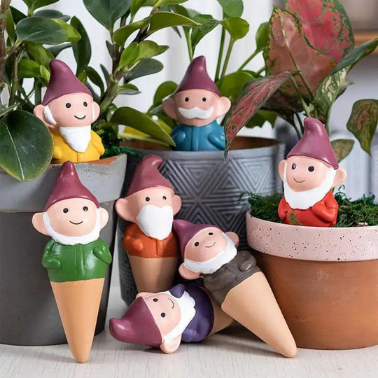 7-Piece Gnome Plant Watering Stakes - Terracotta Automatic Drip Irrigation Spikes for Indoor & Outdoor Garden