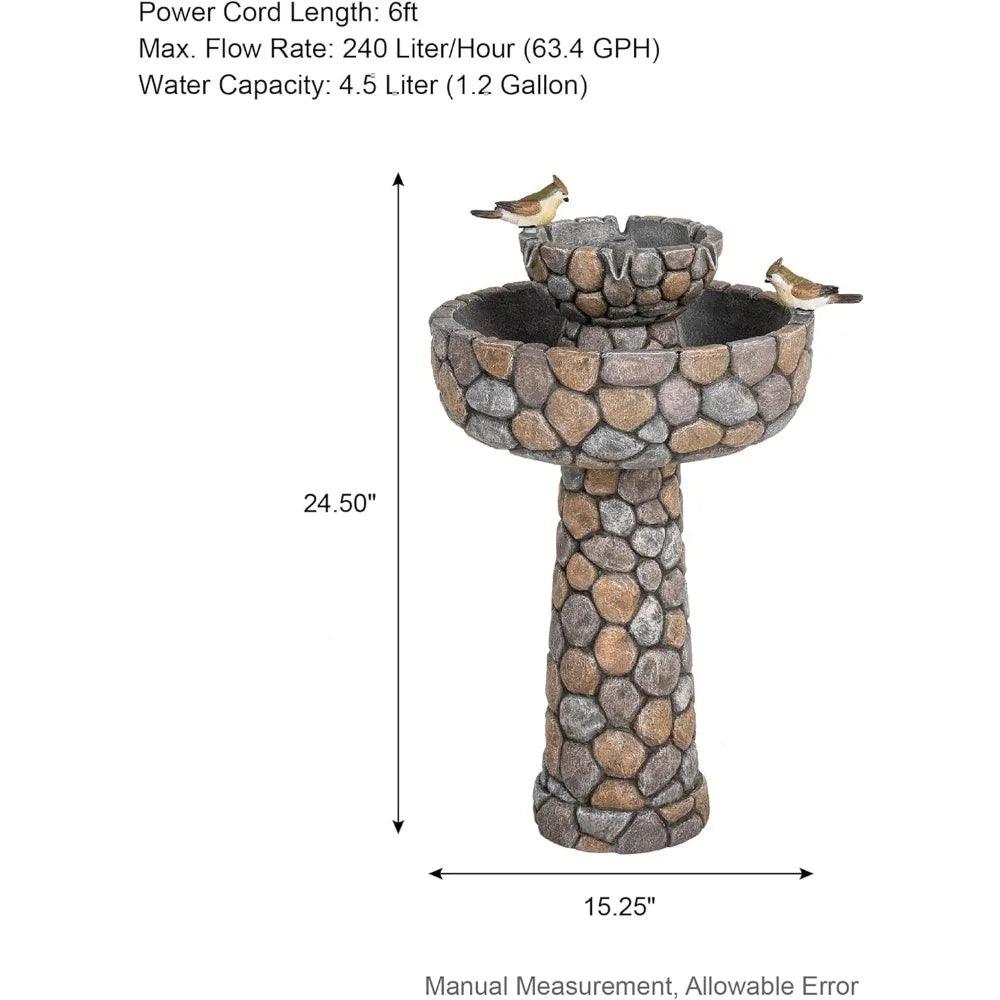 Freestanding Floor Fountain with Birds Decor - 2-Tier Small Outdoor Waterfall, 24.41”H, Resin Construction, Ideal for Backyard & Patio