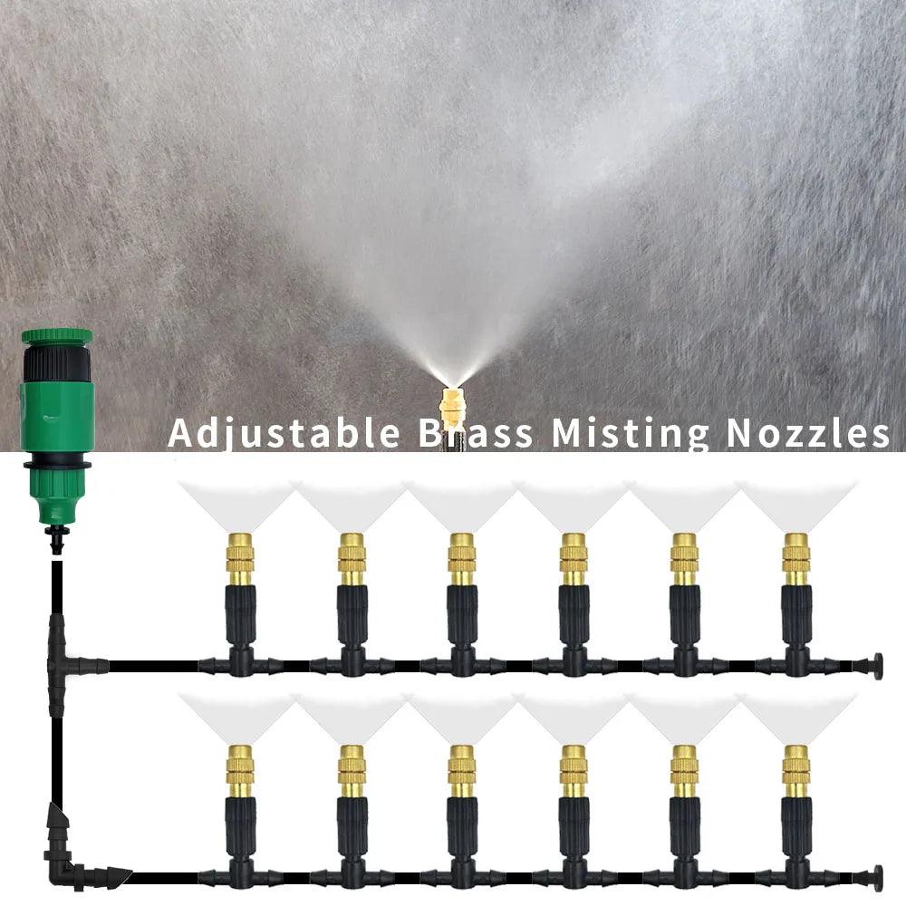 Outdoor Misting Cooling System – 5M-30M Garden Irrigation Kit with Brass Atomizer Nozzles & 4/7mm Hose for Patios & Greenhouses