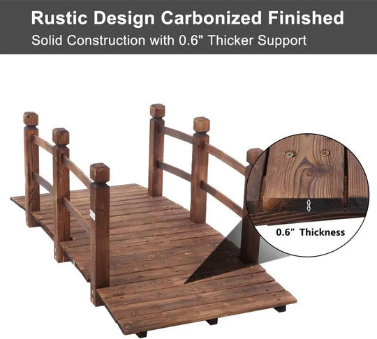 5 ft Wooden Garden Bridge with Safety Rails, Classic Japanese Arch Design, Perfect for Pond Landscaping & Backyard Decor