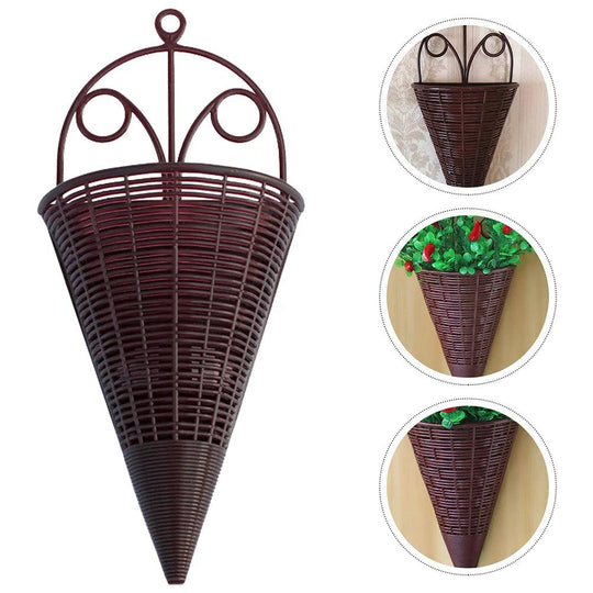 3 Pcs Wall Planters Hanging Basket Set - Cone Shaped Imitation Rattan Indoor & Outdoor Flower Pots, Wall Mounted Vertical Garden Planter