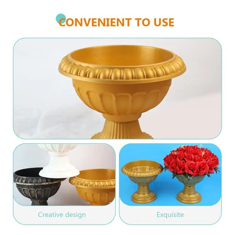 4Pcs Gold Plastic Urn Planters - Outdoor Flower Pot for Porch & Wedding Pedestal Decor, European Trumpet Garden Urn