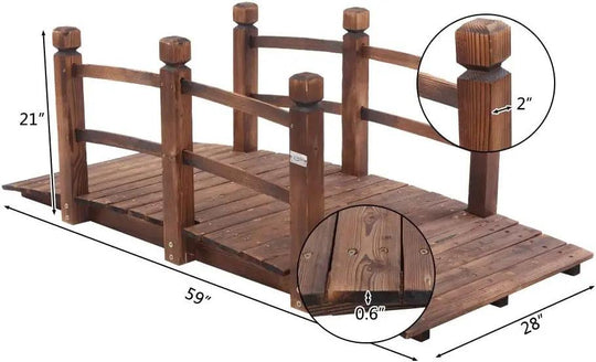 5 ft Wooden Garden Bridge with Safety Rails, Classic Japanese Arch Design, Perfect for Pond Landscaping & Backyard Decor