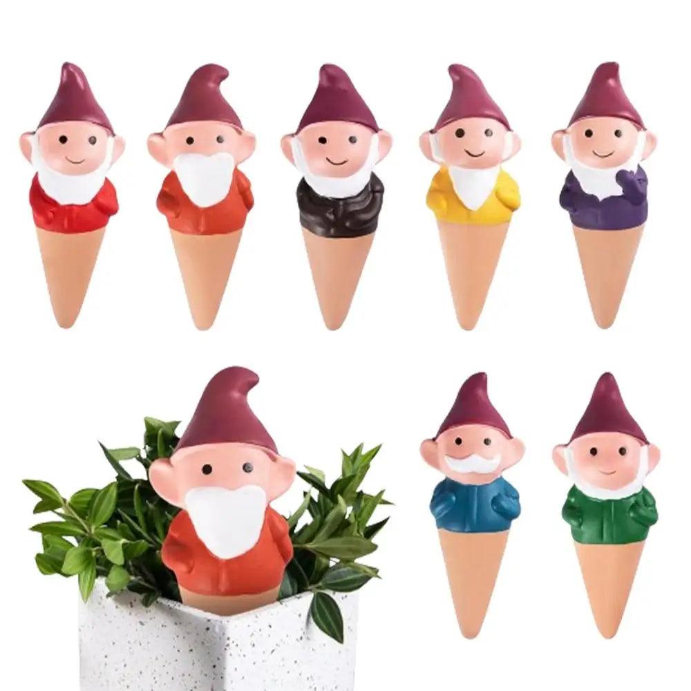 7-Piece Gnome Plant Watering Stakes - Terracotta Automatic Drip Irrigation Spikes for Indoor & Outdoor Garden