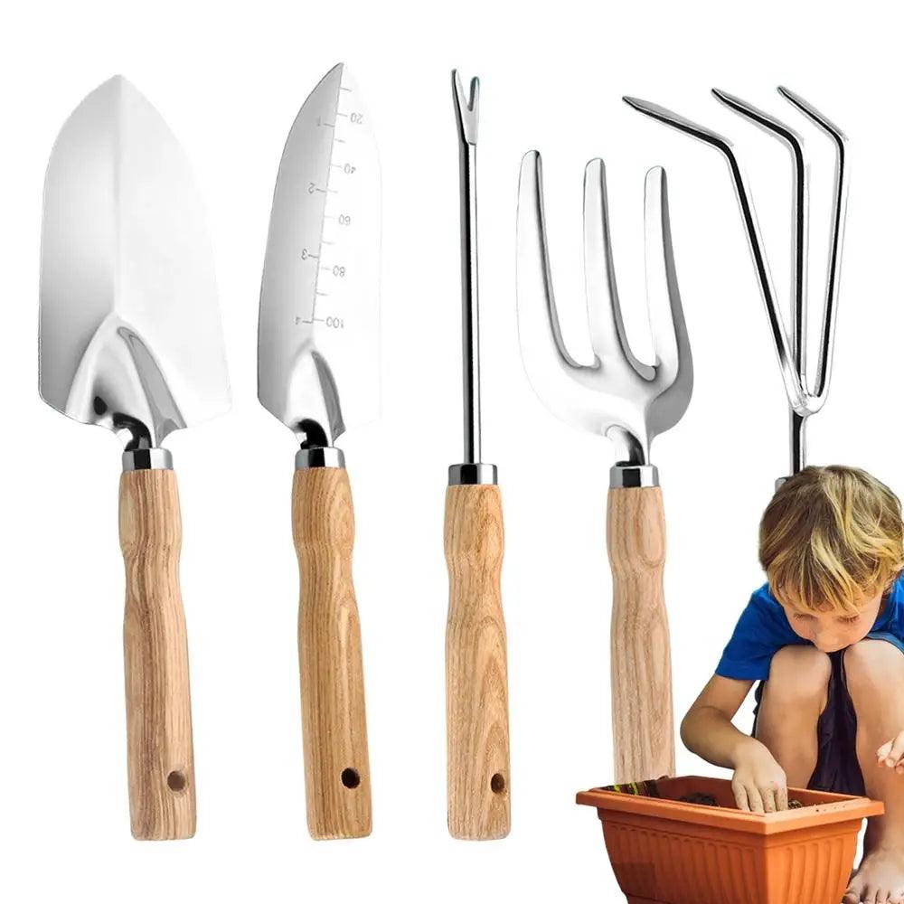 Professional Gardening Tool Set - 5-Piece Heavy Duty Stainless Steel Garden Tools with Rake, Shovel, Fork & Root Picker