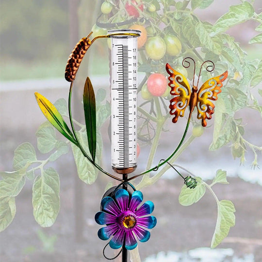 Butterfly Decorative Rain Gauge, Large Solar Powered Waterproof Garden Rain Collector, Outdoor Metal Rain Gauge