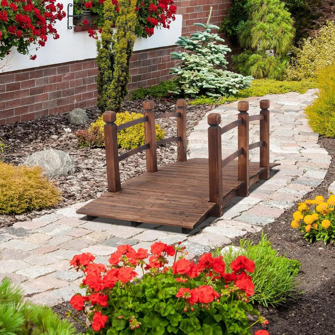 5 ft Wooden Garden Bridge with Safety Rails, Classic Japanese Arch Design, Perfect for Pond Landscaping & Backyard Decor