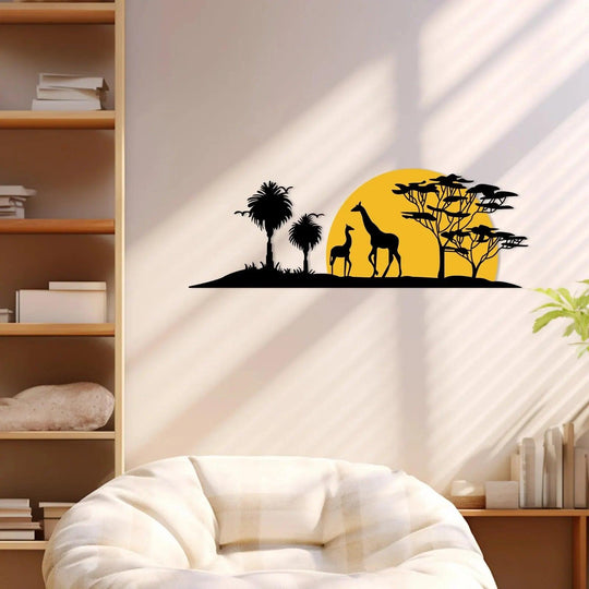 Outdoor Metal Wall Art: Giraffe Sunset and Tree Metal Silhouette - 3D Metal Wall Decor for Indoor & Outdoor Spaces