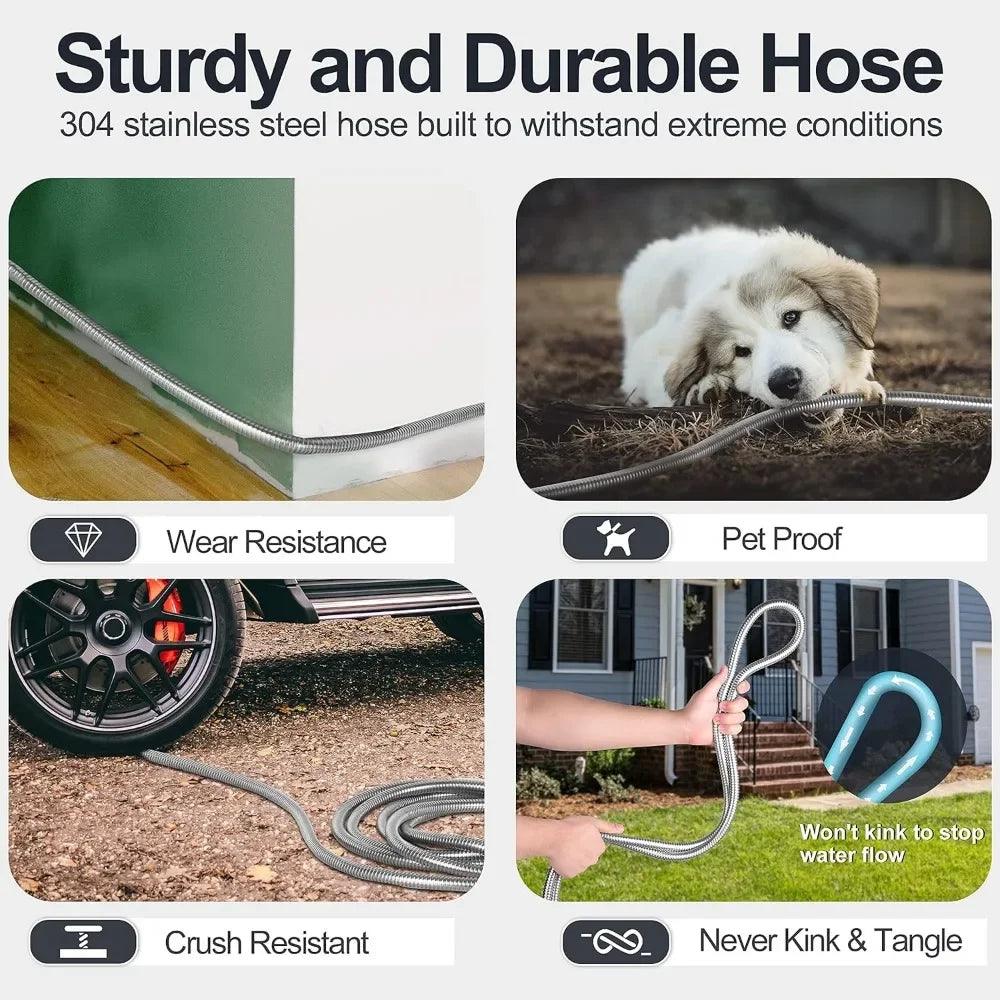 Heavy Duty Garden Hose 25ft-150ft | 304 Stainless Steel Metal Hose with Nozzle | Kink-Free, Tangle-Free, and Durable Water Hose