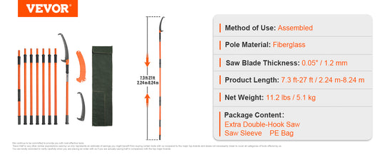 Manual Pole Saw 7.3-27 ft Extendable Tree Pruner for High Branches, Lightweight Pruning Saw for Trimming Palms & Shrubs